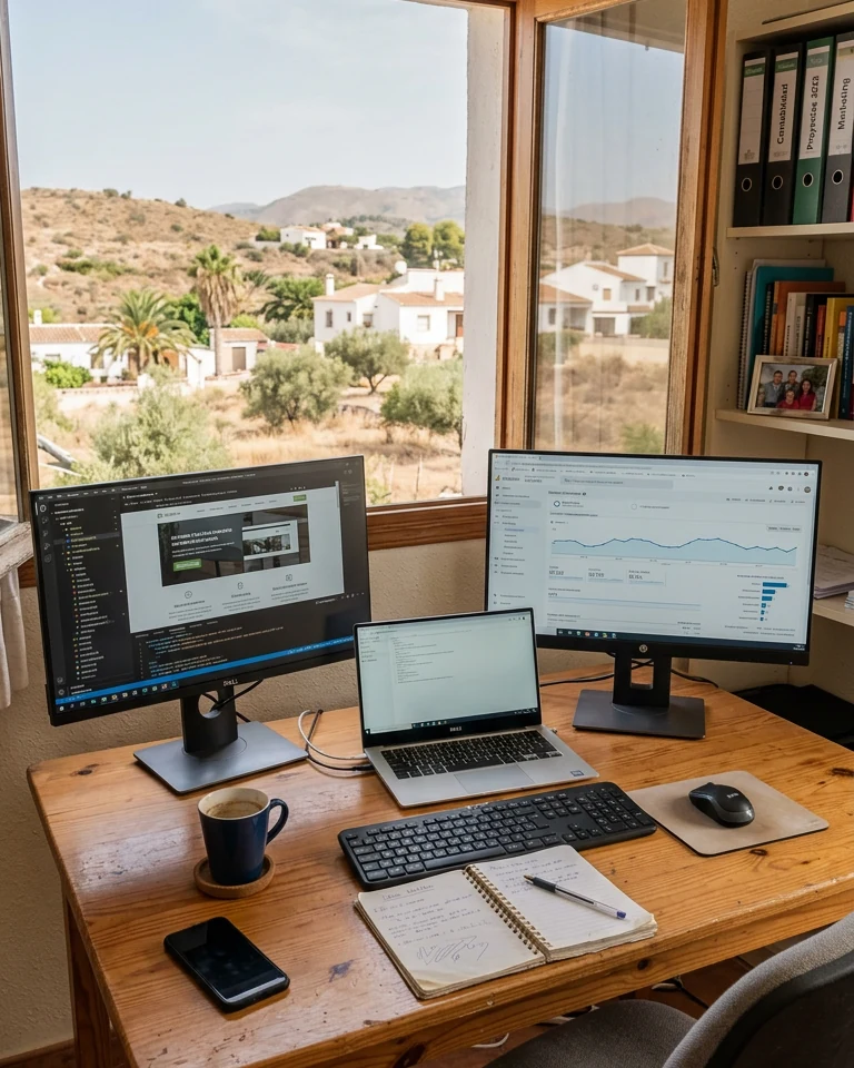 Mediterranes Home-Office mit Laptop und Blick auf die Costa Blanca